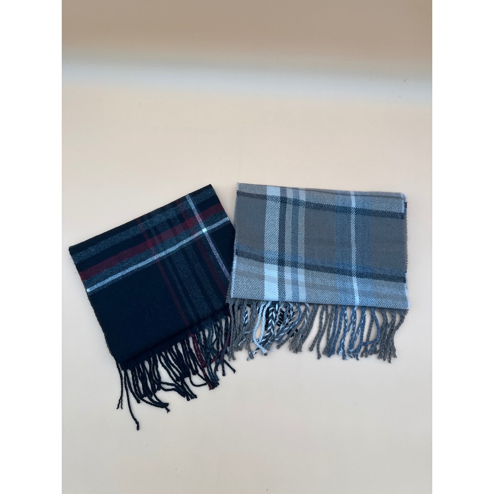 Lot of 2 Plaid Fringed Scarves Black Burgundy & Tan Brown Neutral Acrylic